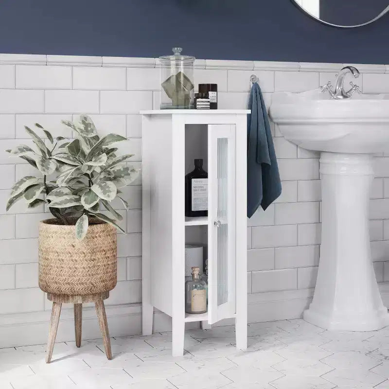 Meuble de rangement étroit pour salle de bain et buanderie à porte simple avec étagères réglables - Blanc