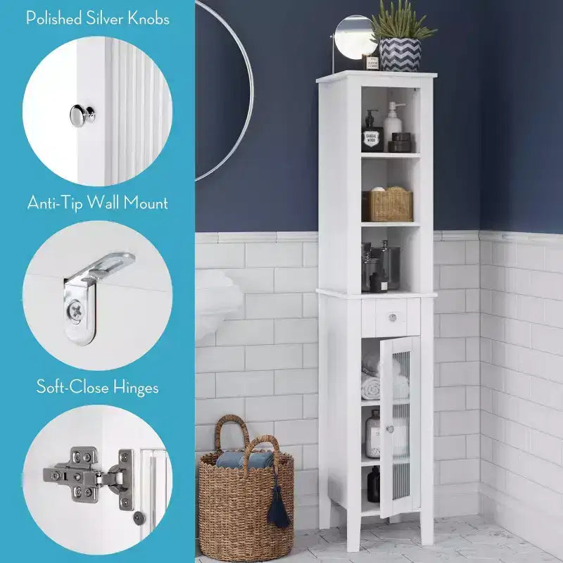 Meuble de Rangement Haut pour Salle de Bain avec Tiroir, Porte Vitrée et Étagères – Blanc