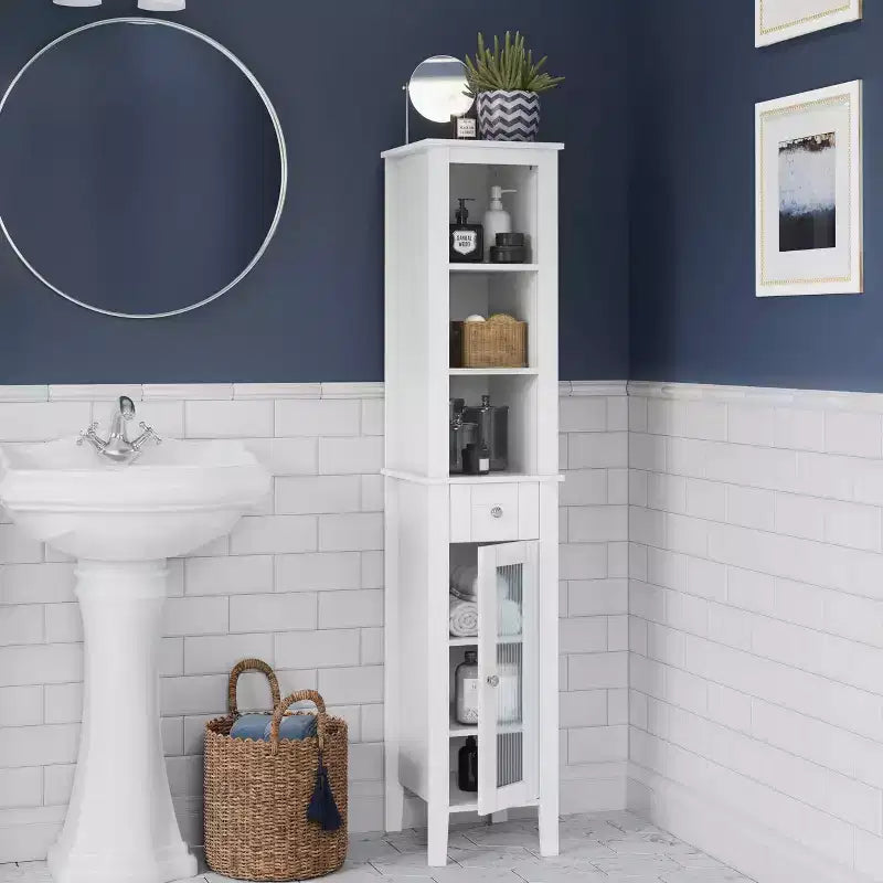 Meuble de Rangement Haut pour Salle de Bain avec Tiroir, Porte Vitrée et Étagères – Blanc
