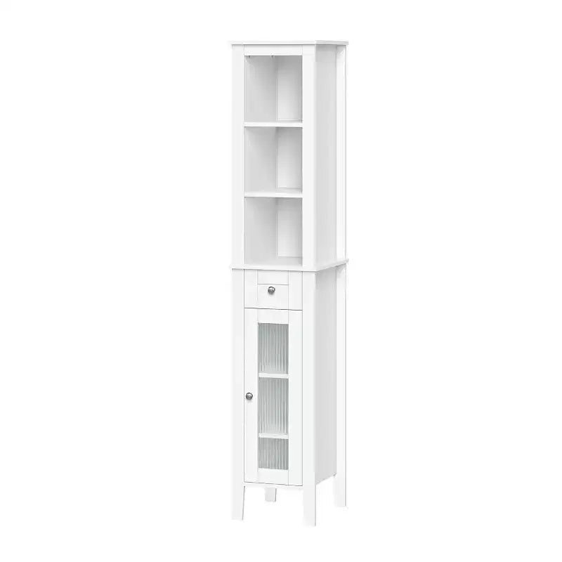 Meuble de Rangement Haut pour Salle de Bain avec Tiroir, Porte Vitrée et Étagères – Blanc