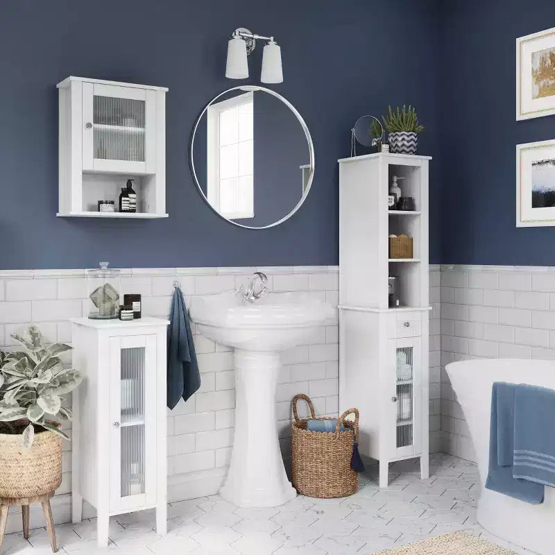 Meuble de Rangement Haut pour Salle de Bain avec Tiroir, Porte Vitrée et Étagères – Blanc