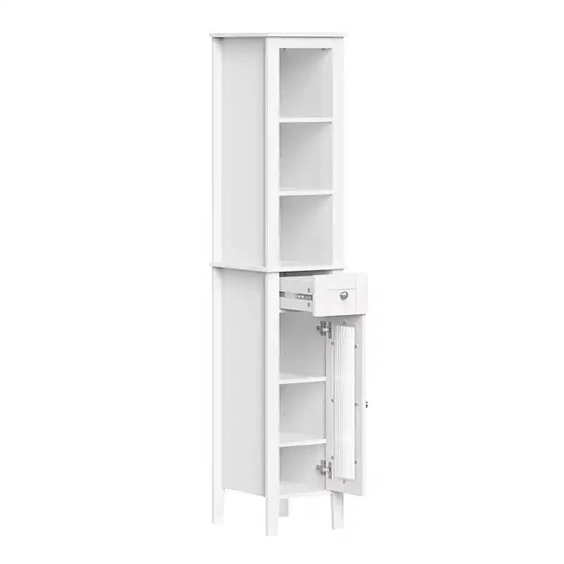 Meuble de Rangement Haut pour Salle de Bain avec Tiroir, Porte Vitrée et Étagères – Blanc