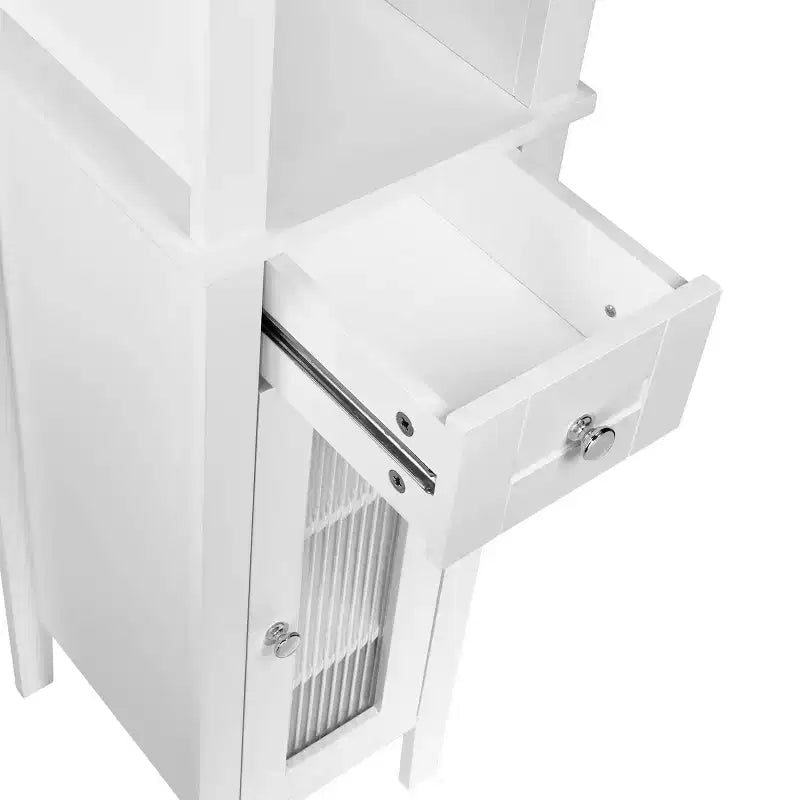 Meuble de Rangement Haut pour Salle de Bain avec Tiroir, Porte Vitrée et Étagères – Blanc