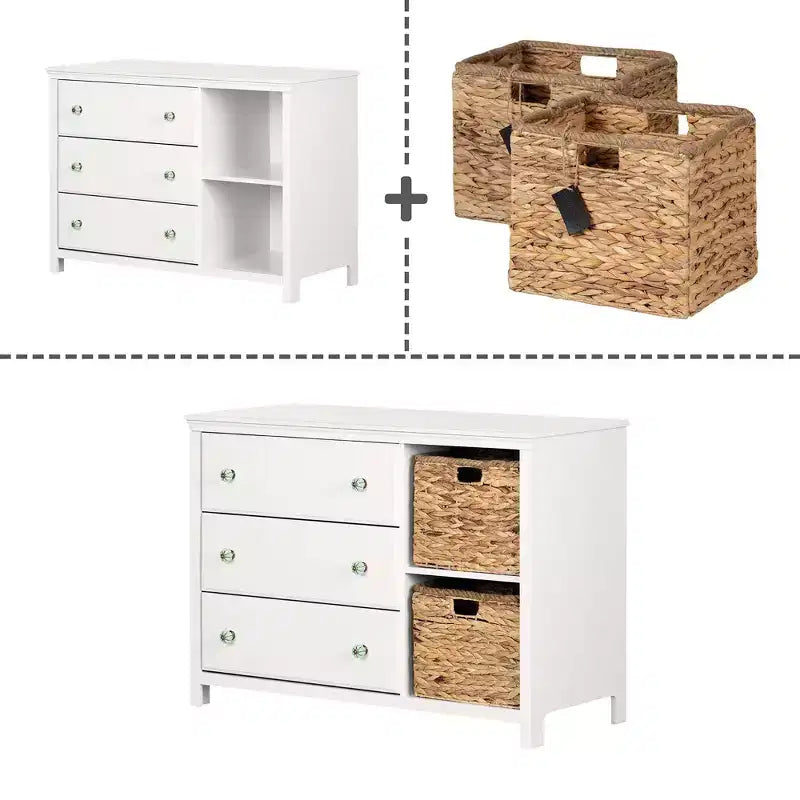Commode pour enfant à 3 tiroirs avec paniers Blanc pur - Style Ferme, Rangement pour tout-petit