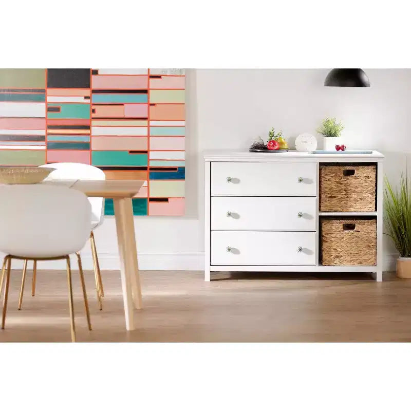Commode pour enfant à 3 tiroirs avec paniers Blanc pur - Style Ferme, Rangement pour tout-petit