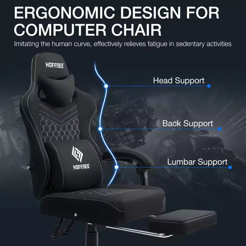 Chaise de bureau ergonomique de massage pour gamer en tissu respirant avec repose-pieds et réglable
