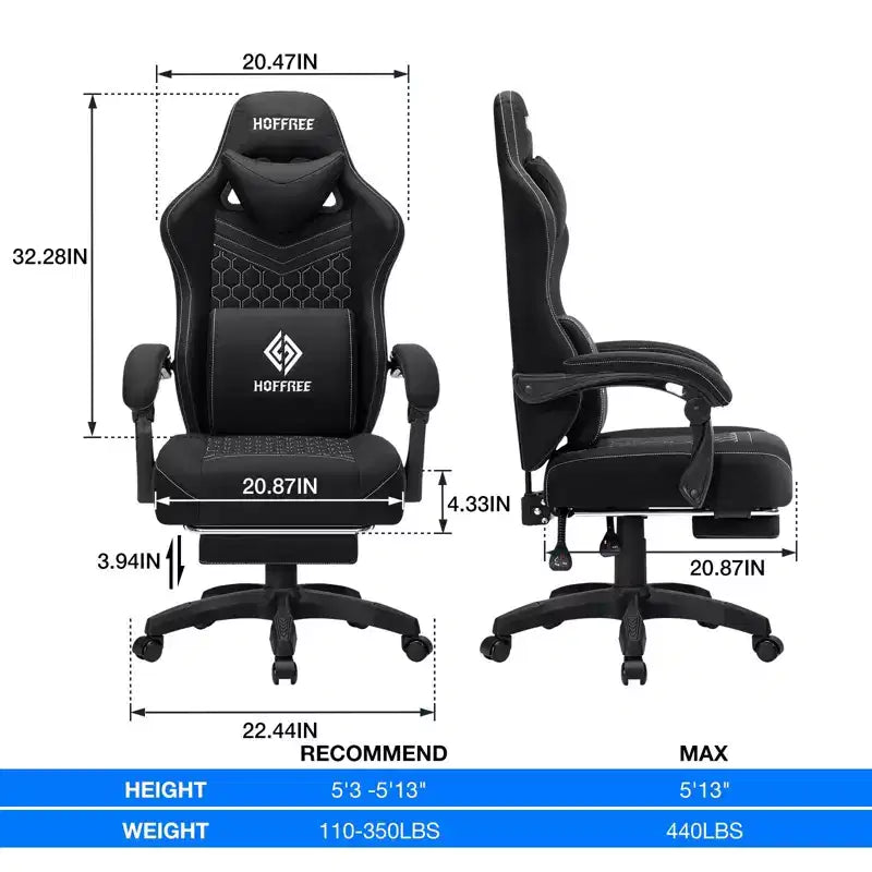 Chaise de bureau ergonomique de massage pour gamer en tissu respirant avec repose-pieds et réglable