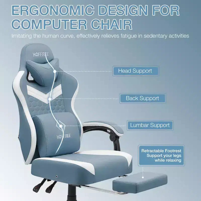 Chaise de bureau ergonomique de massage pour gamer en tissu respirant avec repose-pieds et réglable