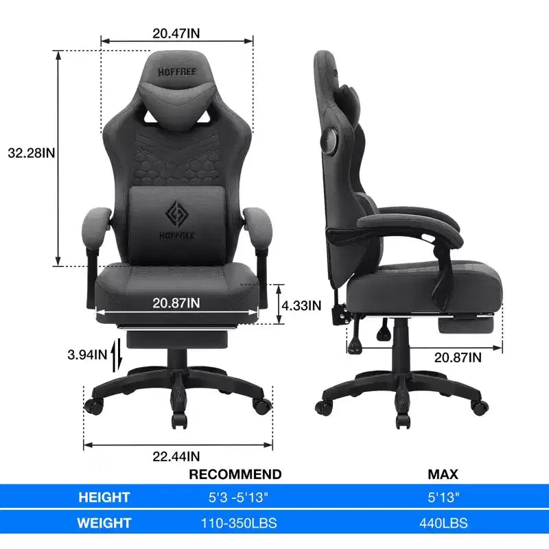 Chaise de bureau ergonomique de massage pour gamer en tissu respirant avec repose-pieds et réglable