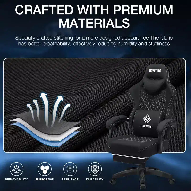 Chaise de bureau ergonomique de massage pour gamer en tissu respirant avec repose-pieds et réglable