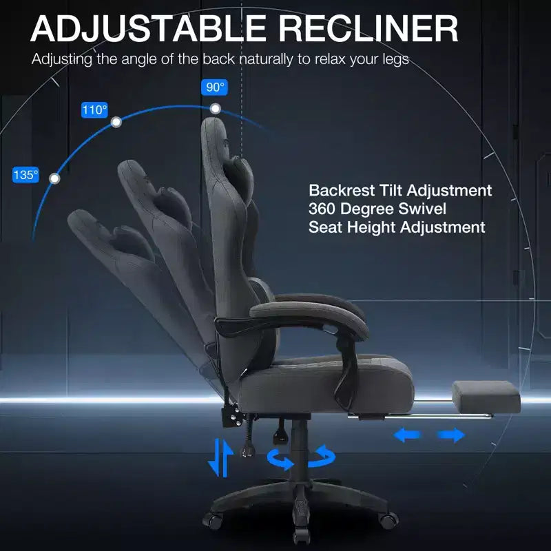 Chaise de bureau ergonomique de massage pour gamer en tissu respirant avec repose-pieds et réglable