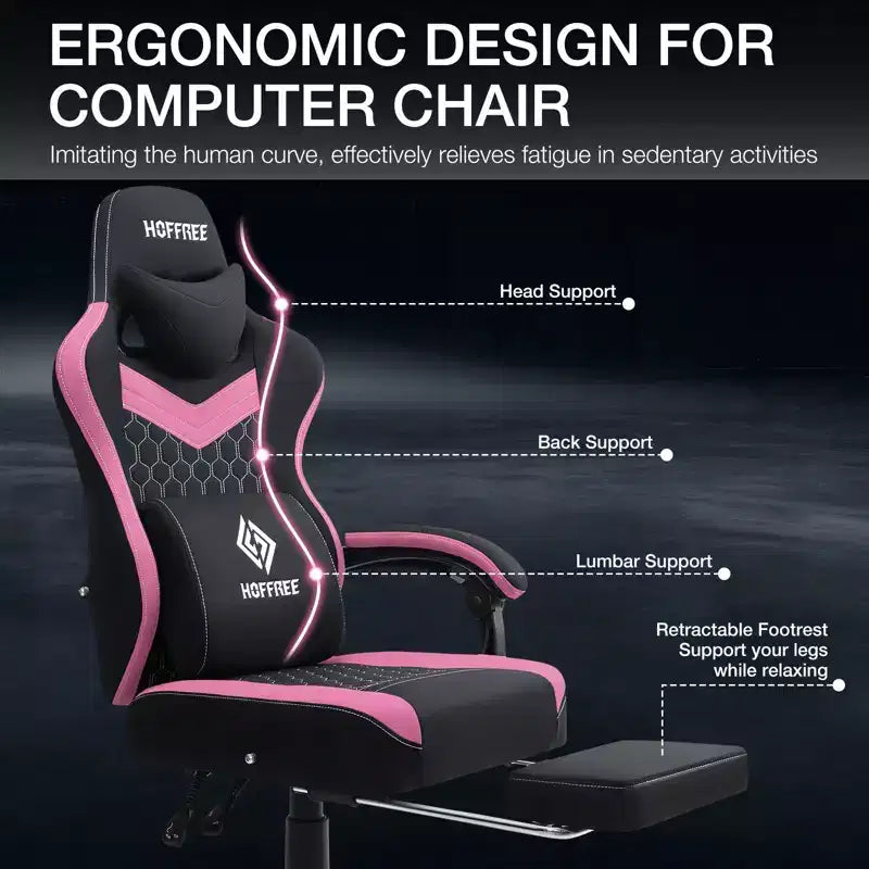 Chaise de bureau ergonomique de massage pour gamer en tissu respirant avec repose-pieds et réglable