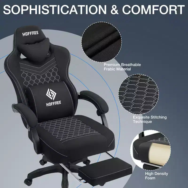 Chaise de bureau ergonomique de massage pour gamer en tissu respirant avec repose-pieds et réglable