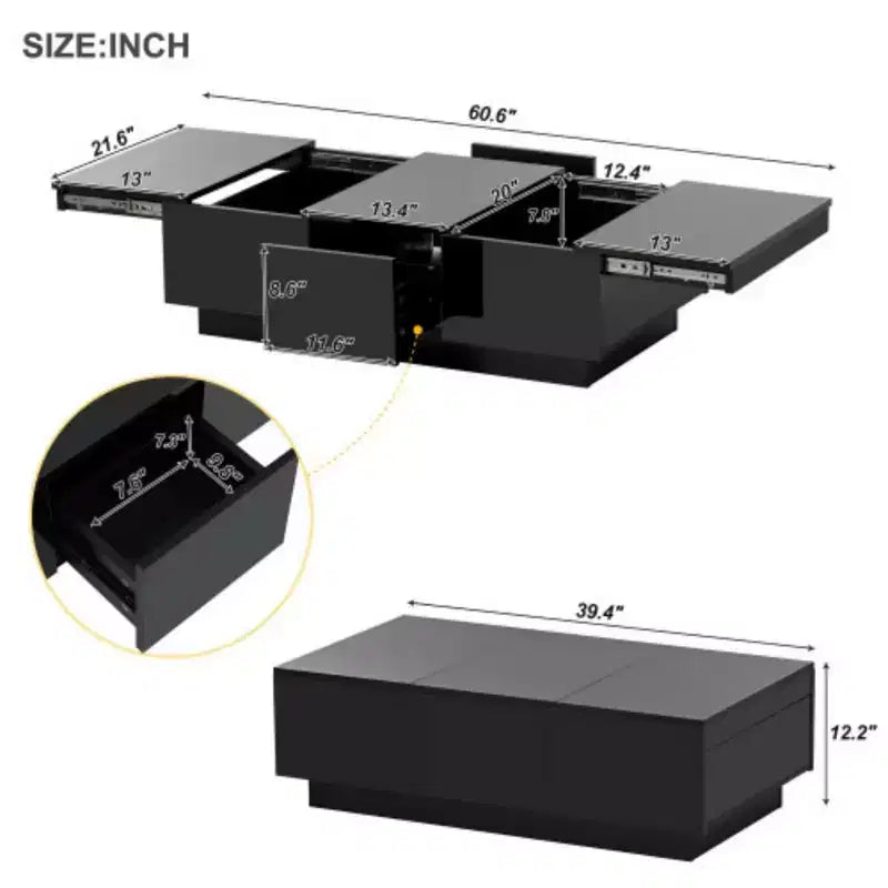 Table basse laquée à plateau coulissant pour salon, 100x55 cm, Noir