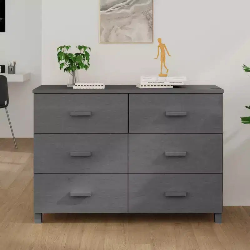Commode 6 tiroirs en pin massif - Gris foncé