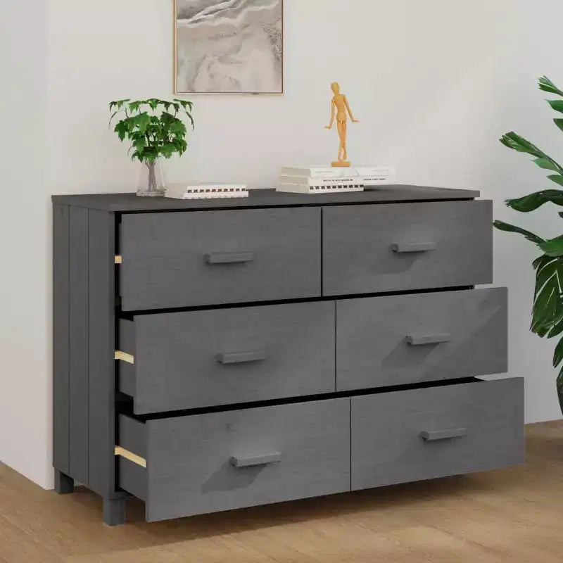 Commode 6 tiroirs en pin massif - Gris foncé