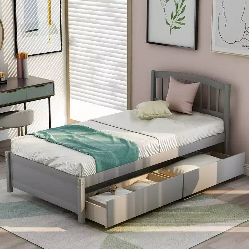 Lit plateforme de taille simple avec deux tiroirs et une tête de lit
