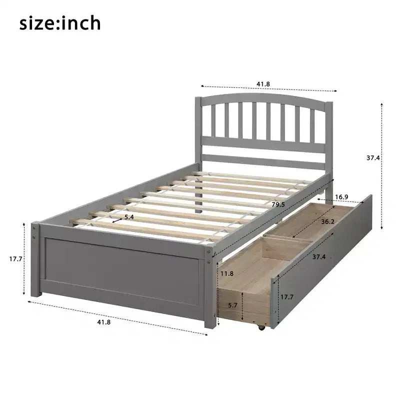 Lit plateforme de taille simple avec deux tiroirs et une tête de lit
