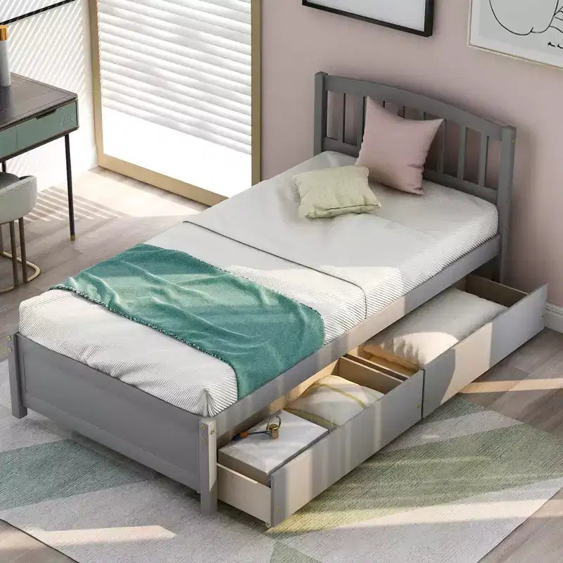 Lit plateforme de taille simple avec deux tiroirs et une tête de lit