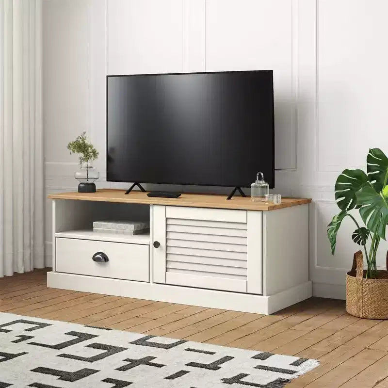 Meuble TV blanc en pin massif - 41,7x15,7x15,7 avec tiroir, étagère ouverte et placard