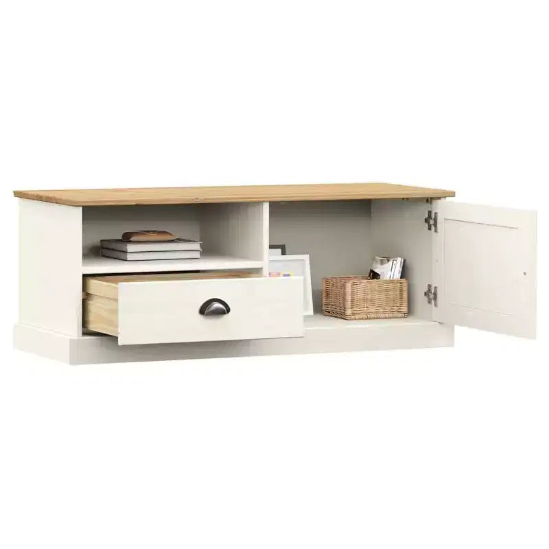 Meuble TV blanc en pin massif - 41,7x15,7x15,7 avec tiroir, étagère ouverte et placard
