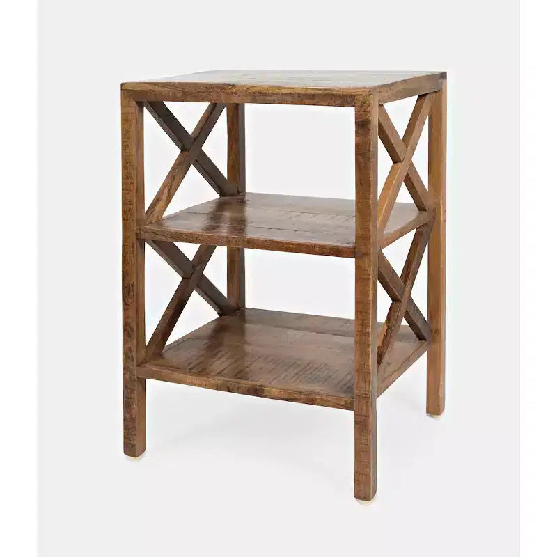 Table d'appoint rustique moderne en bois massif avec deux étagères et côtés en X - Couleur or