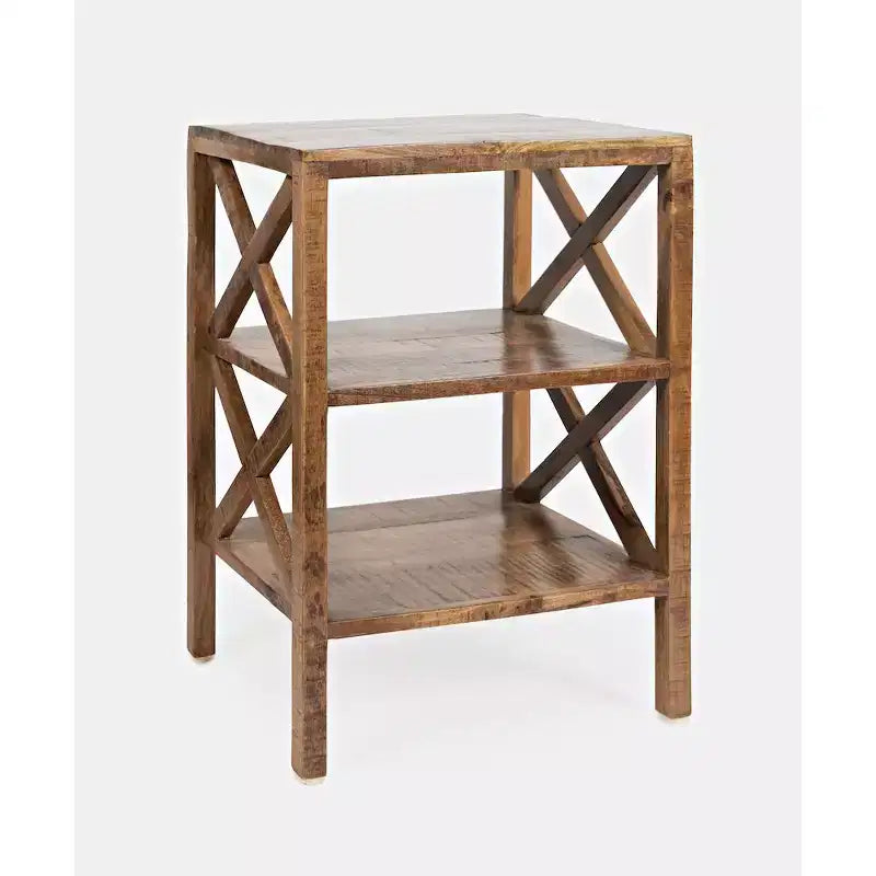 Table d'appoint rustique moderne en bois massif avec deux étagères et côtés en X - Couleur or