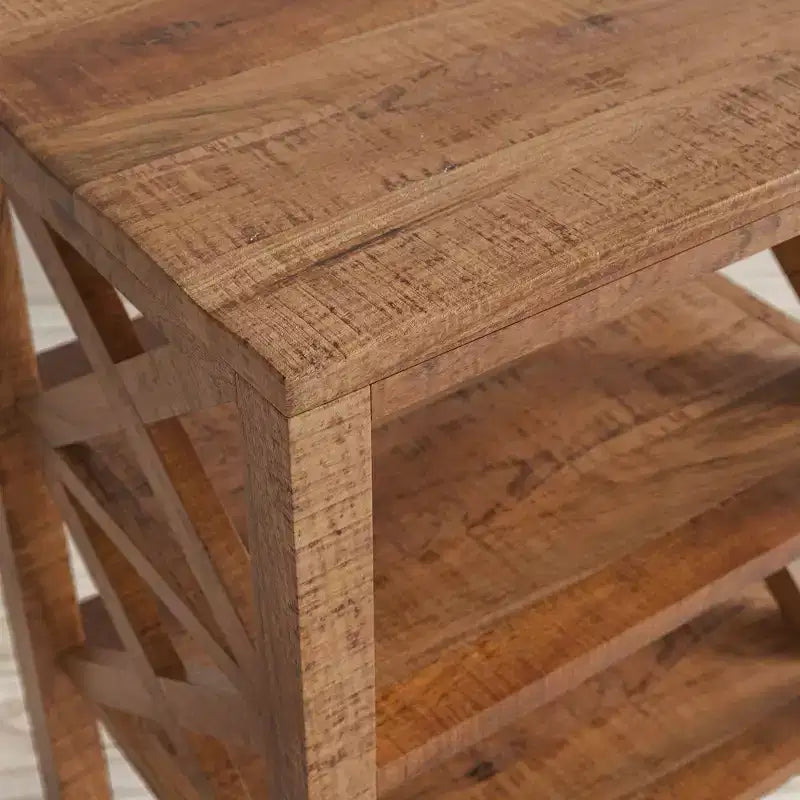 Table d'appoint rustique moderne en bois massif avec deux étagères et côtés en X - Couleur or