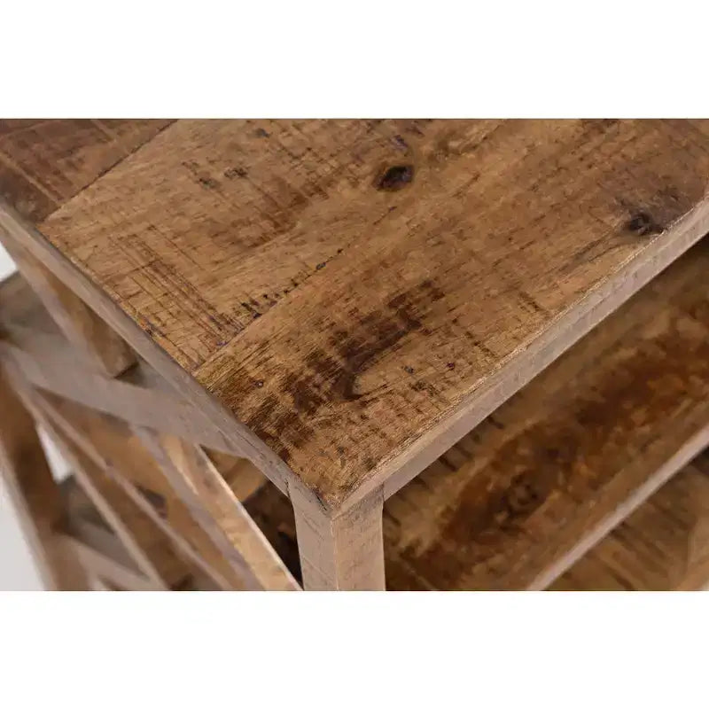 Table d'appoint rustique moderne en bois massif avec deux étagères et côtés en X - Couleur or