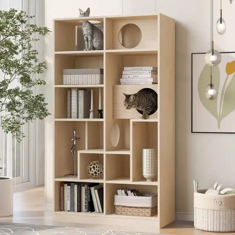 Bibliothèque moderne avec litière pour chat, vitrine avec étagère d'escalade pour chat, bibliothèque 2 en 1 pour salon, chambre, naturel