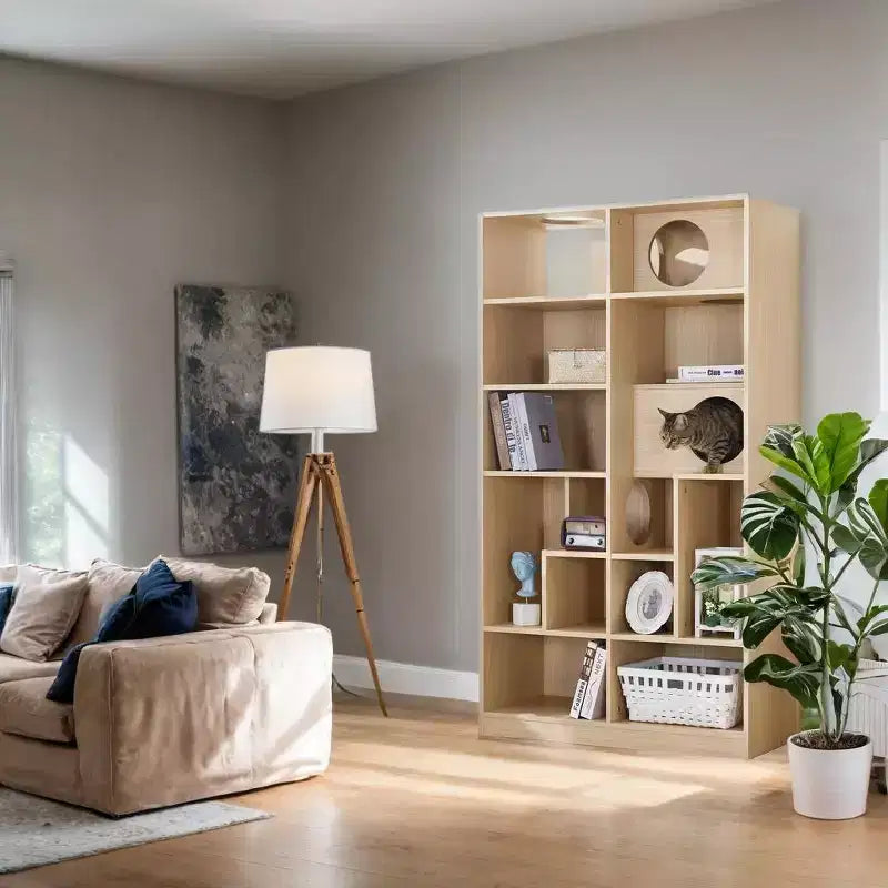 Bibliothèque moderne avec litière pour chat, vitrine avec étagère d'escalade pour chat, bibliothèque 2 en 1 pour salon, chambre, naturel