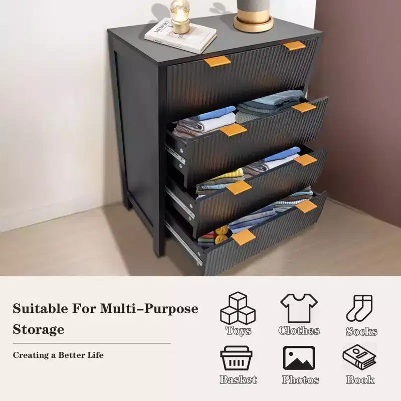 Commode à 4 tiroirs à panneaux cannelés ondulés