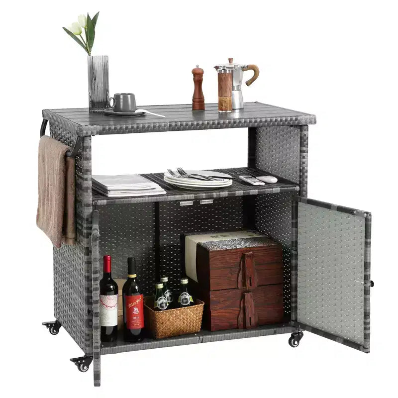 Chariot de bar d'extérieur en osier avec plateau en verre - Gris, 35.2"x20.6"x34.2"