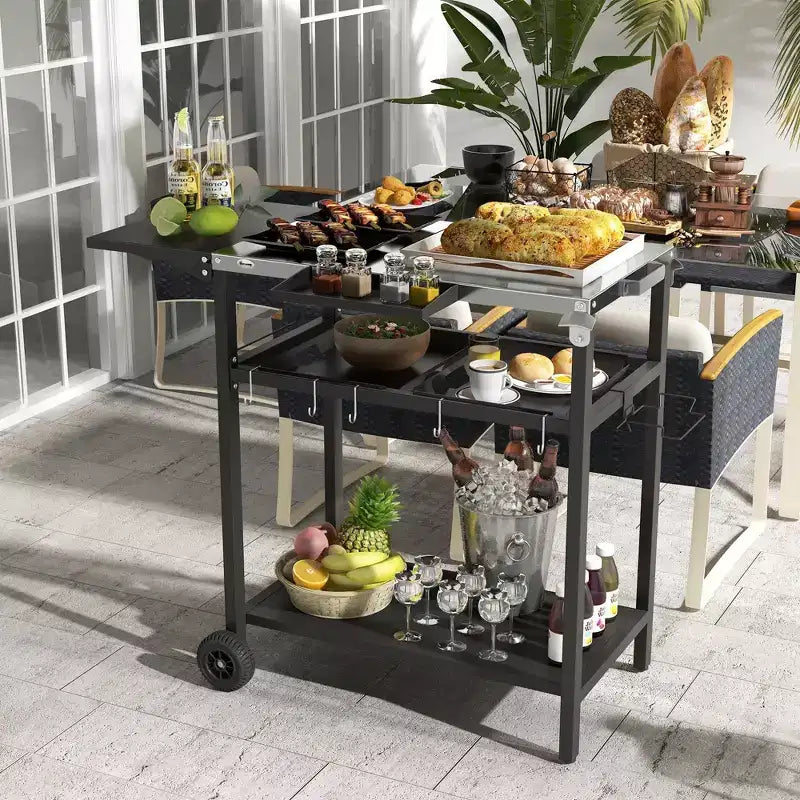 Desserte de bar d'extérieur avec plateau en acier inoxydable - Noir, 122 x 62 x 84 cm