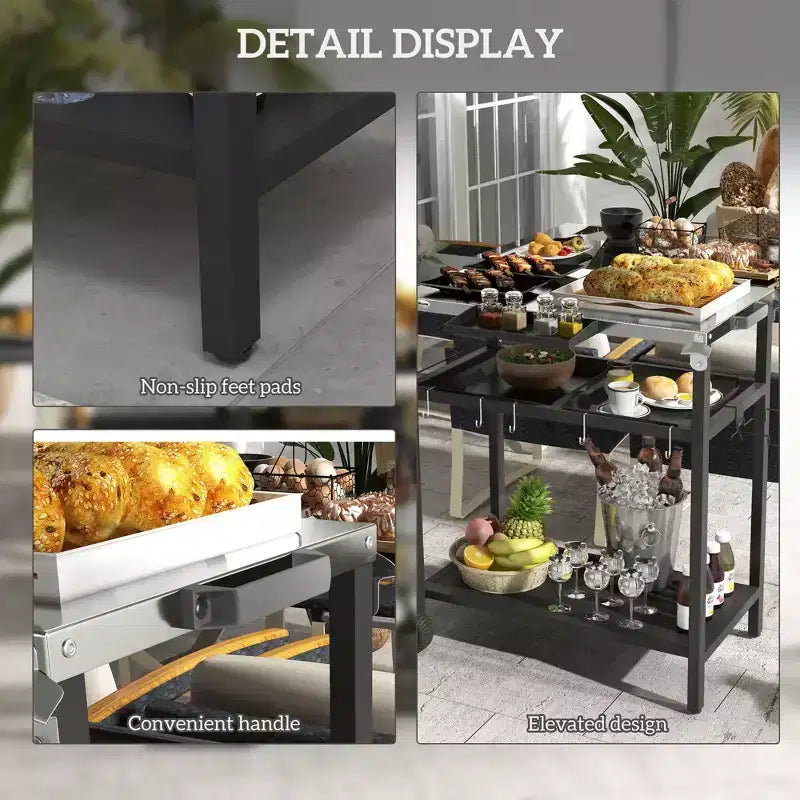 Desserte de bar d'extérieur avec plateau en acier inoxydable - Noir, 122 x 62 x 84 cm