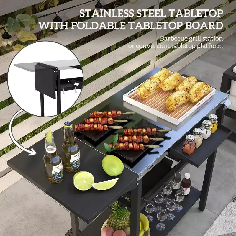 Desserte de bar d'extérieur avec plateau en acier inoxydable - Noir, 122 x 62 x 84 cm