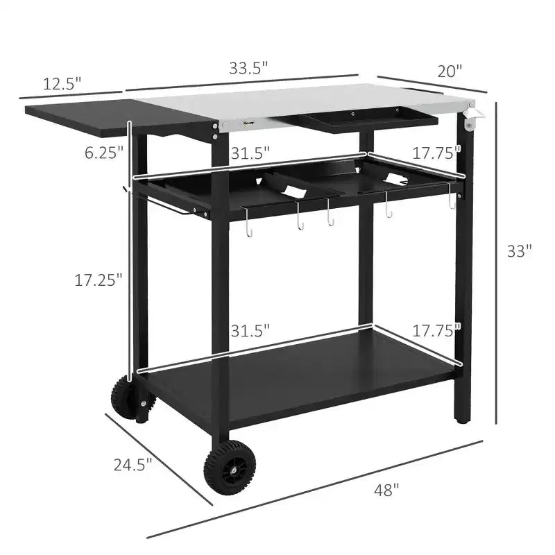 Desserte de bar d'extérieur avec plateau en acier inoxydable - Noir, 122 x 62 x 84 cm