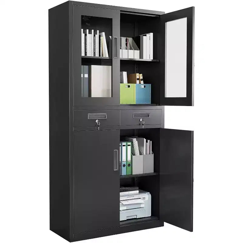 Meuble de rangement de 180 cm avec portes vitrées, étagères réglables et tiroirs verrouillables