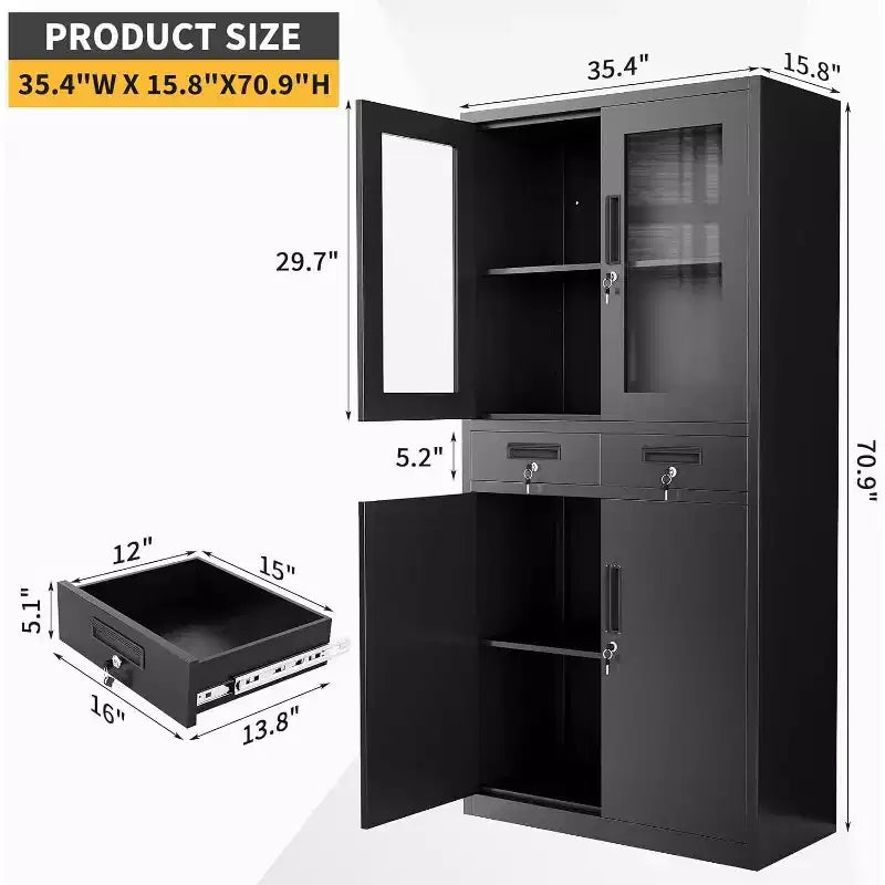 Meuble de rangement de 180 cm avec portes vitrées, étagères réglables et tiroirs verrouillables