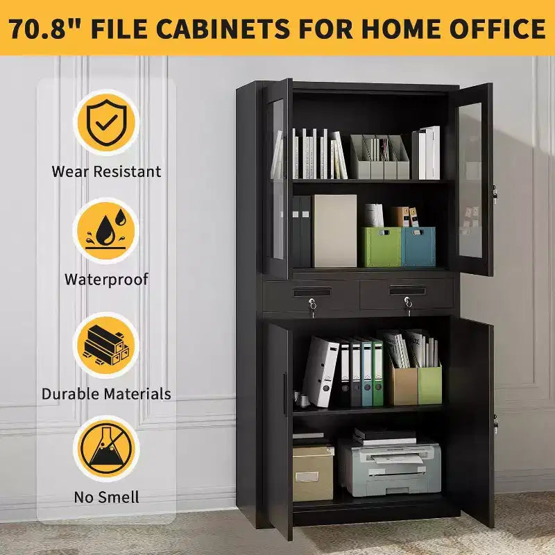 Meuble de rangement de 180 cm avec portes vitrées, étagères réglables et tiroirs verrouillables
