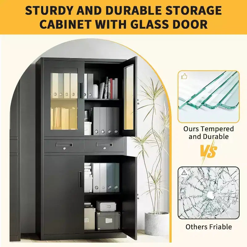 Meuble de rangement de 180 cm avec portes vitrées, étagères réglables et tiroirs verrouillables