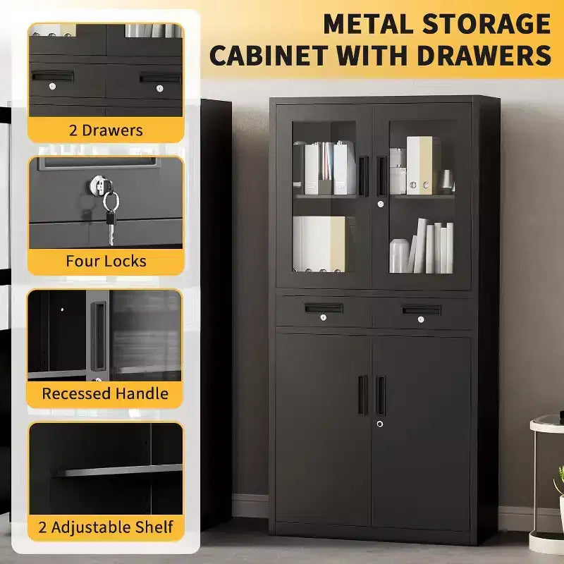 Meuble de rangement de 180 cm avec portes vitrées, étagères réglables et tiroirs verrouillables