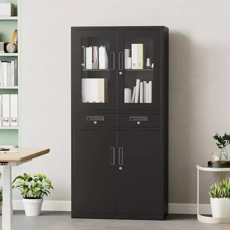 Meuble de rangement de 180 cm avec portes vitrées, étagères réglables et tiroirs verrouillables