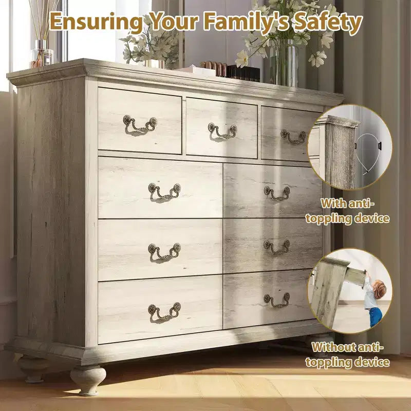 Commode à 9 tiroirs, commode rustique en bois avec poignées en métal, organisateur de rangement pour chambre à coucher, salon