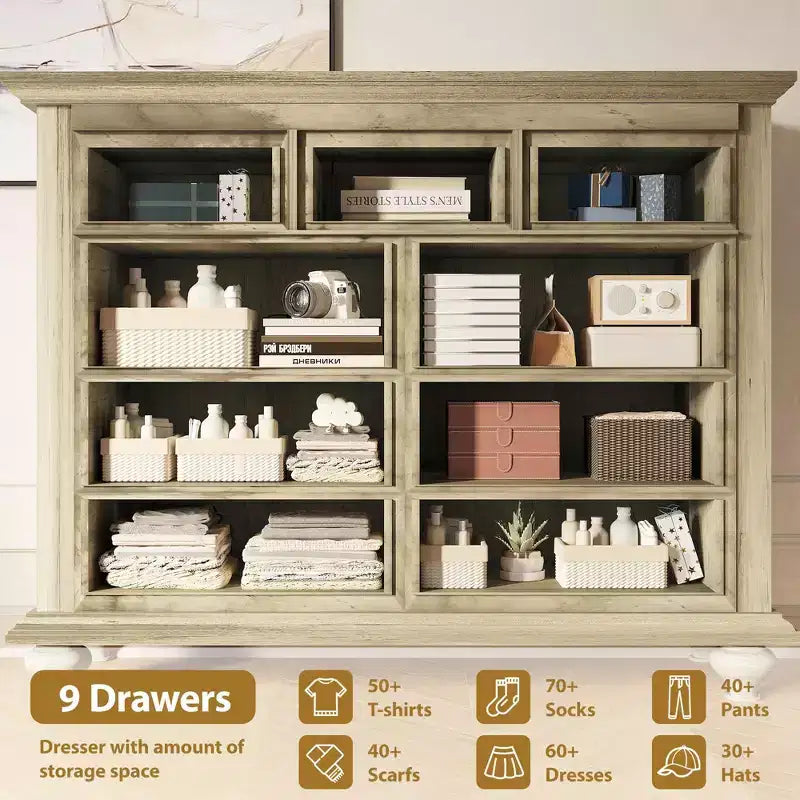 Commode à 9 tiroirs, commode rustique en bois avec poignées en métal, organisateur de rangement pour chambre à coucher, salon
