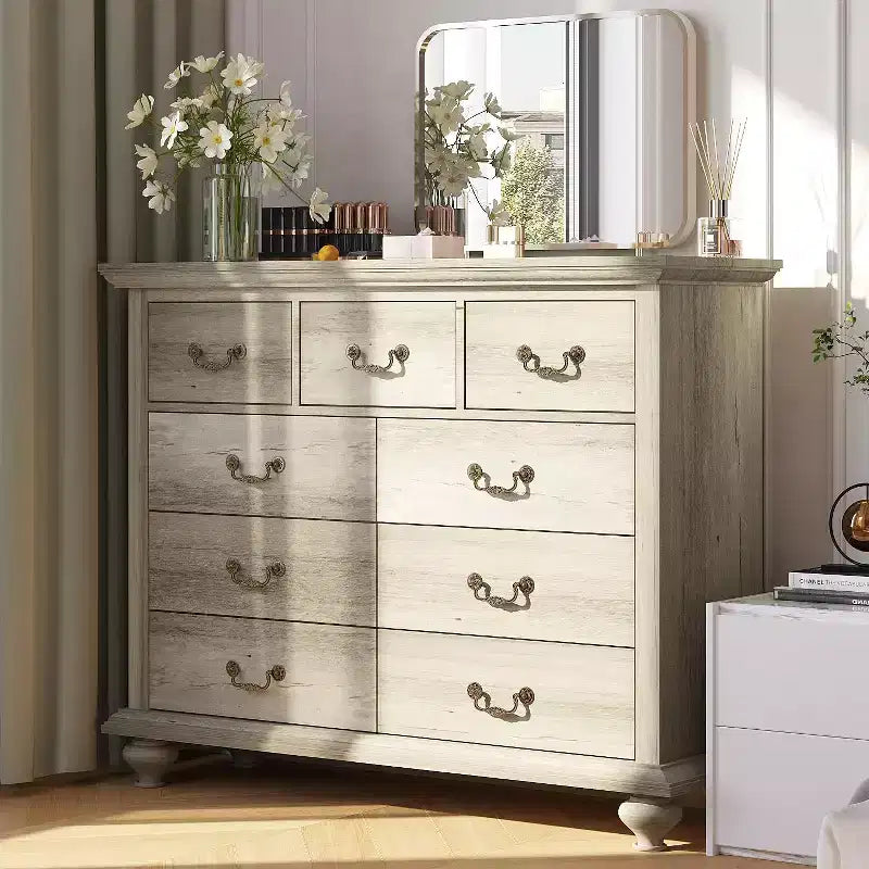Commode à 9 tiroirs, commode rustique en bois avec poignées en métal, organisateur de rangement pour chambre à coucher, salon