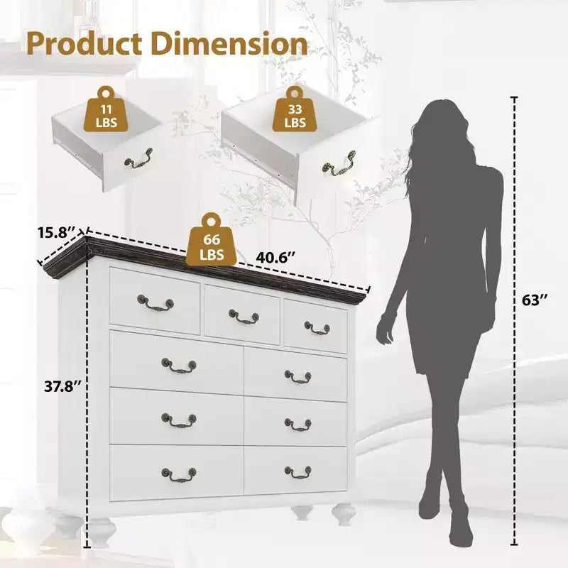Commode à 9 tiroirs, commode rustique en bois avec poignées en métal, organisateur de rangement pour chambre à coucher, salon