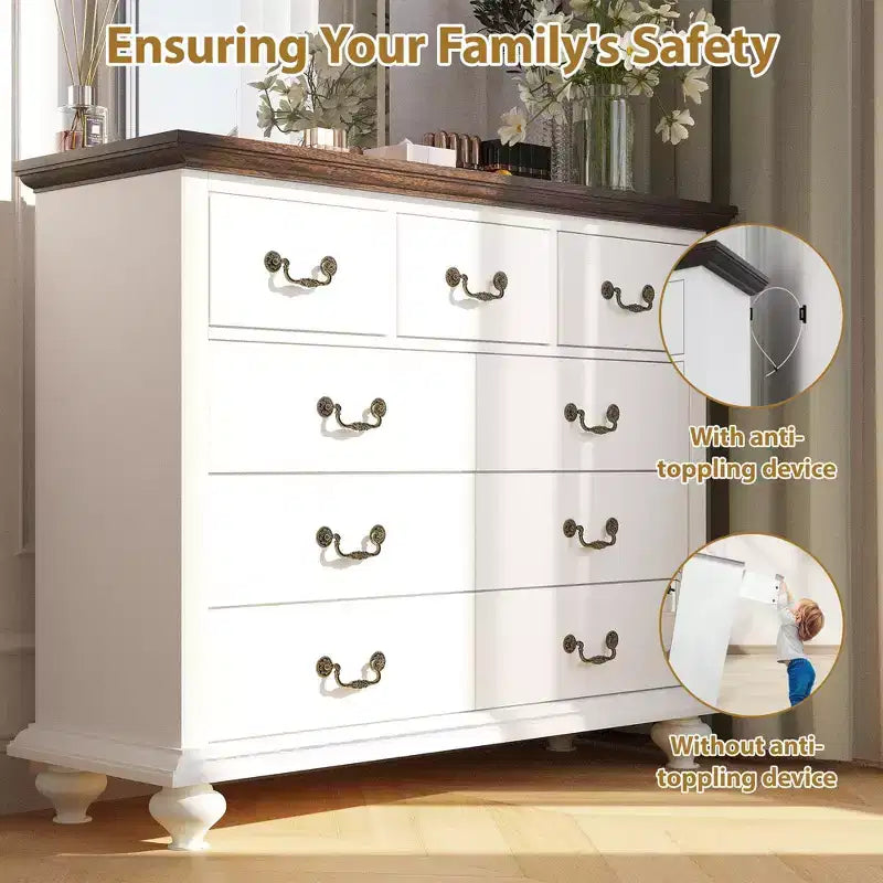 Commode à 9 tiroirs, commode rustique en bois avec poignées en métal, organisateur de rangement pour chambre à coucher, salon