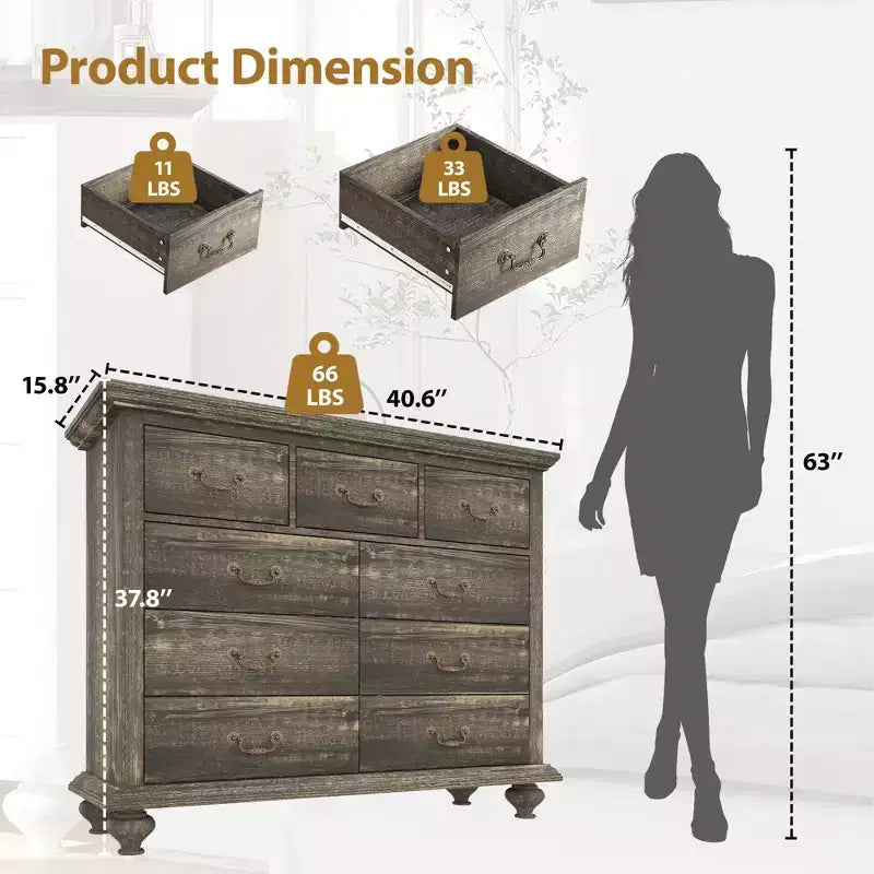 Commode à 9 tiroirs, commode rustique en bois avec poignées en métal, organisateur de rangement pour chambre à coucher, salon