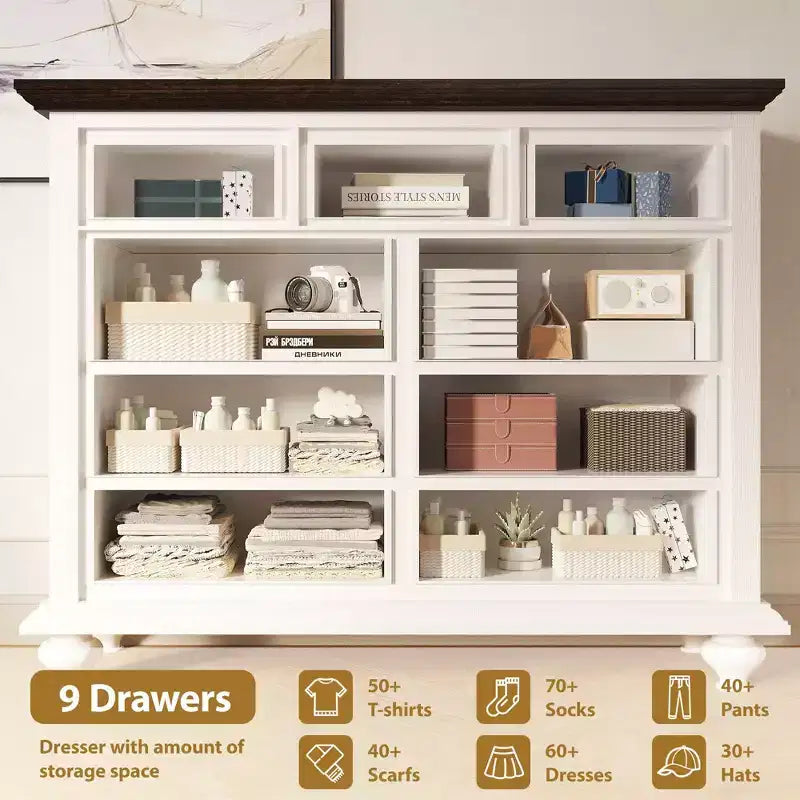 Commode à 9 tiroirs, commode rustique en bois avec poignées en métal, organisateur de rangement pour chambre à coucher, salon